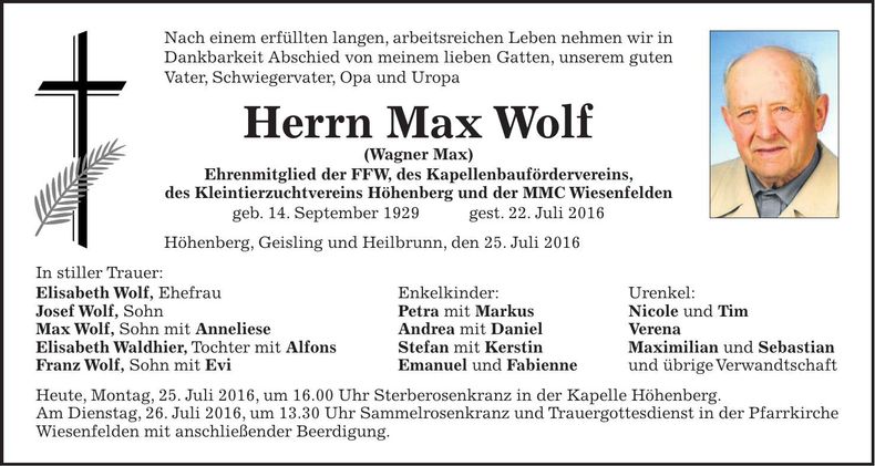 Traueranzeige Max Wolf