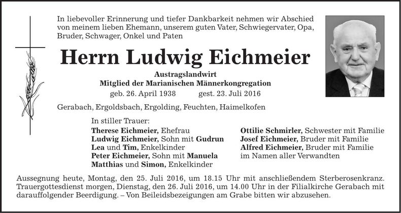 Traueranzeige Ludwig Eichmeier