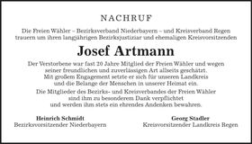 Traueranzeige Artmann Josef