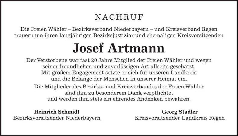 Traueranzeige Artmann Josef