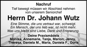 Traueranzeige Johann Dr. Wutz