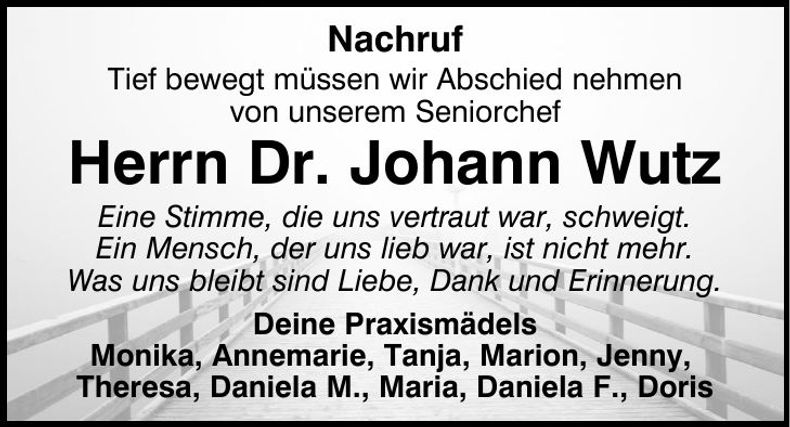Traueranzeige Johann Dr. Wutz