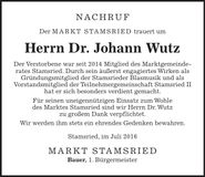 Traueranzeige Johann Dr. Wutz