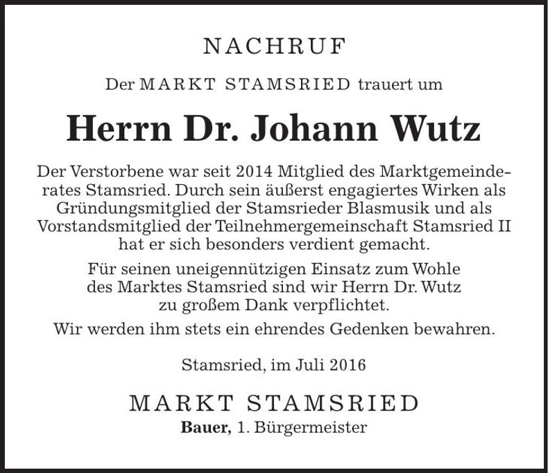 Traueranzeige Johann Dr. Wutz