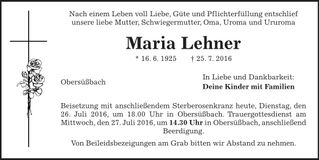 Traueranzeige Maria Lehner