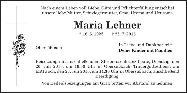 Traueranzeige Maria Lehner
