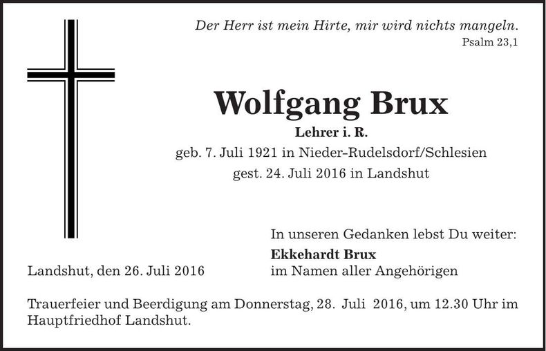 Traueranzeige Wolfgang Brux