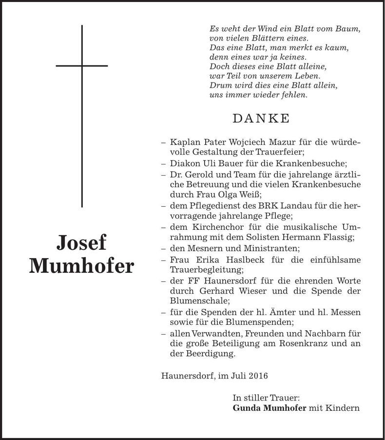 Traueranzeige Josef Mumhofer