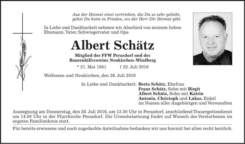 Traueranzeige Albert Schätz