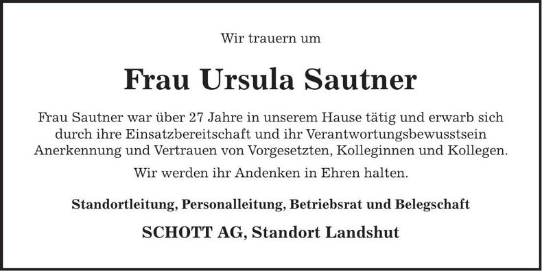 Traueranzeige Ursula Sautner