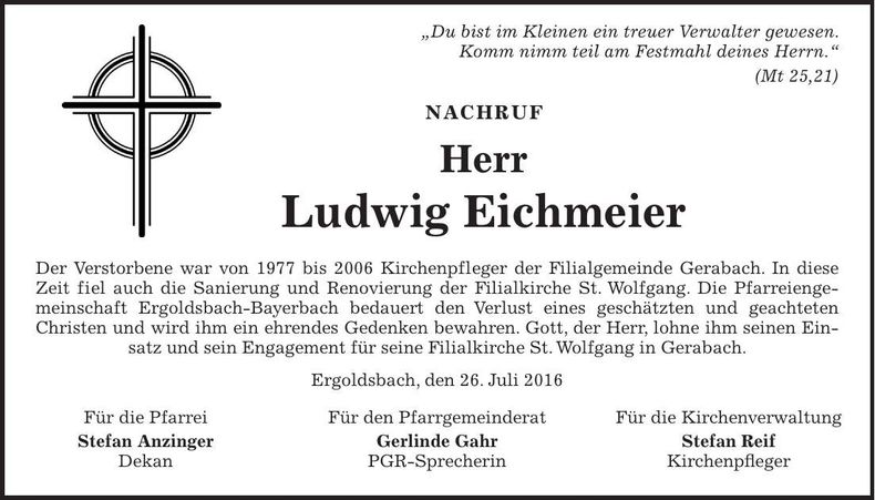 Traueranzeige Ludwig Eichmeier