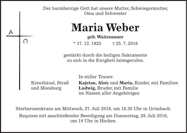 Traueranzeige Maria Weber