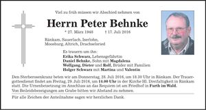 Traueranzeige Peter Behnke
