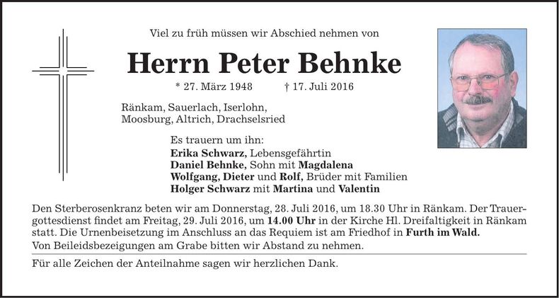 Traueranzeige Peter Behnke