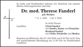 Traueranzeige Therese Fanderl