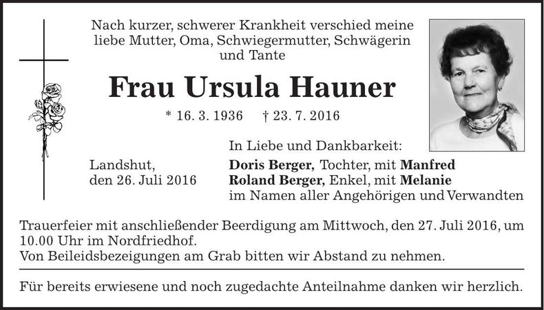Traueranzeige Ursula Hauner