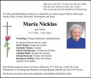 Traueranzeige Maria Nicklas