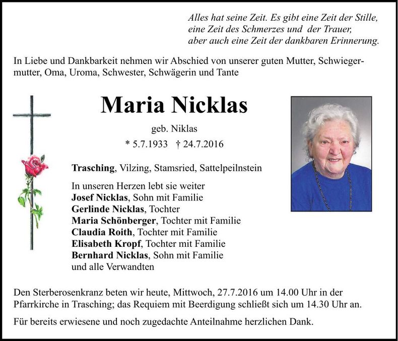 Traueranzeige Maria Nicklas