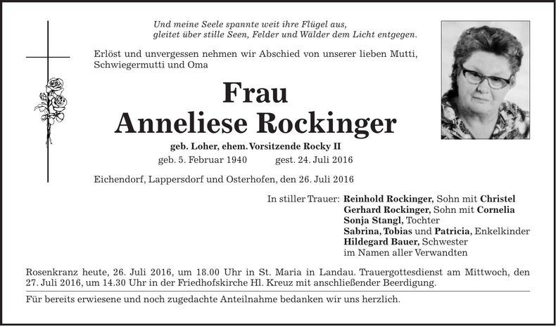 Traueranzeige Anneliese Rockinger