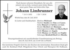 Traueranzeige Johann Limbrunner