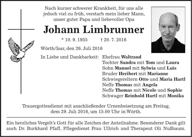 Traueranzeige Johann Limbrunner