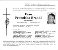 Traueranzeige Franziska Brandl