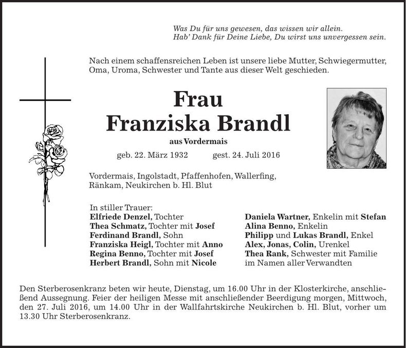 Traueranzeige Franziska Brandl