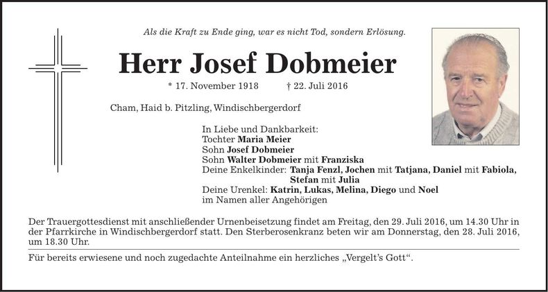 Traueranzeige Josef Dobmeier