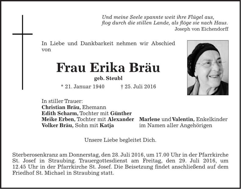 Traueranzeige Erika Bräu
