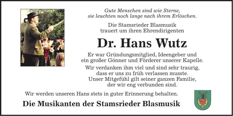 Traueranzeige Johann Dr. Wutz