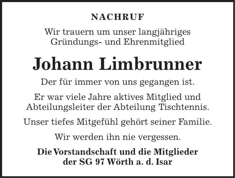 Traueranzeige Johann Limbrunner