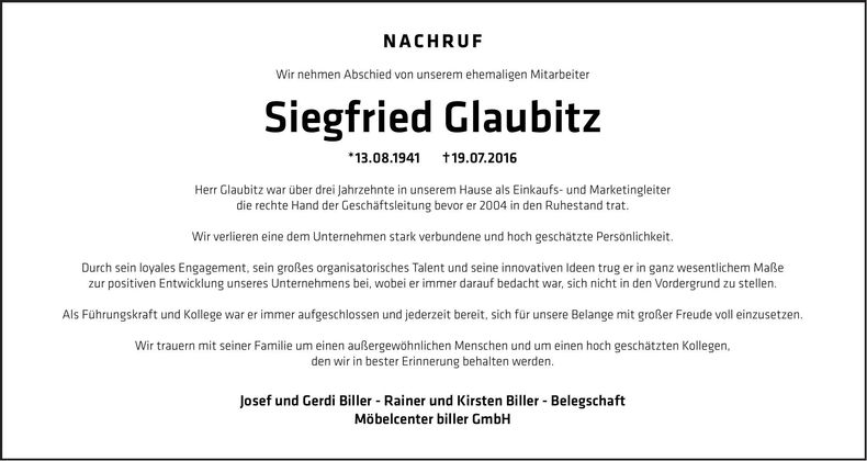 Traueranzeige Siegfried Glaubitz