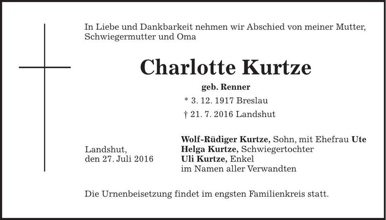 Traueranzeige Charlotte Kurtze