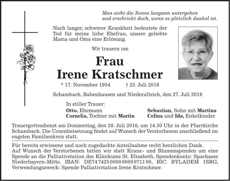 Traueranzeige Irene Kratschmer