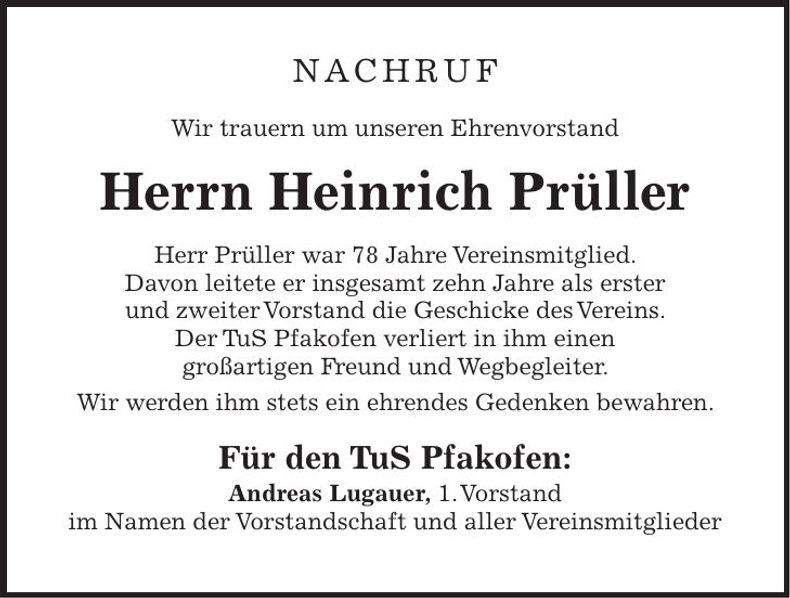 Traueranzeige Heinrich Prüller