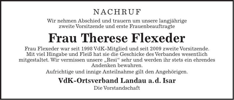 Traueranzeige Therese Flexeder