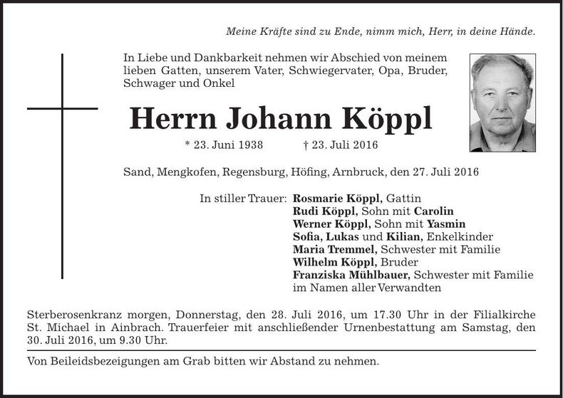 Traueranzeige Johann Köppl