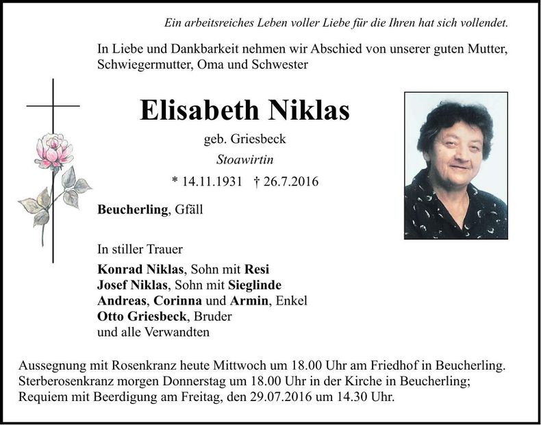 Traueranzeige Elisabeth Niklas