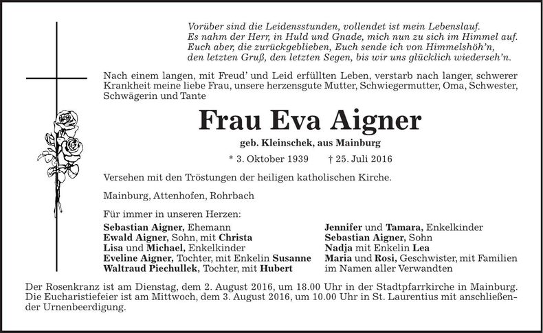 Traueranzeige Aigner Eva