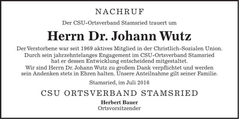 Traueranzeige Johann Dr. Wutz