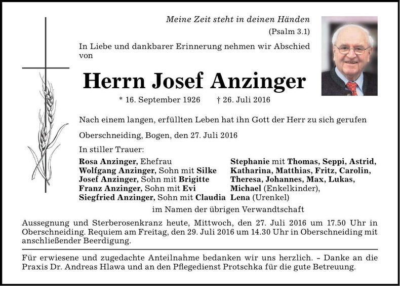 Traueranzeige Josef Anzinger