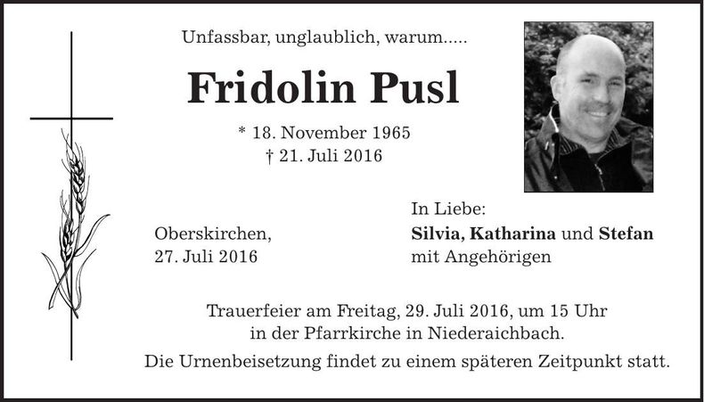 Traueranzeige Fridolin Pusl
