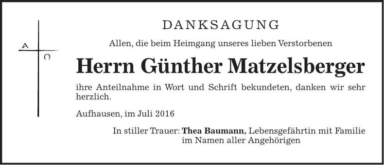 Traueranzeige Günther Matzelsberger