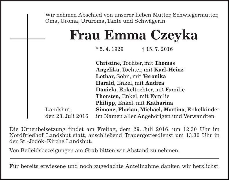 Traueranzeige Emma Czeyka