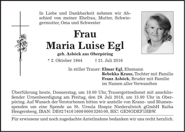 Traueranzeige Maria Luise Egl