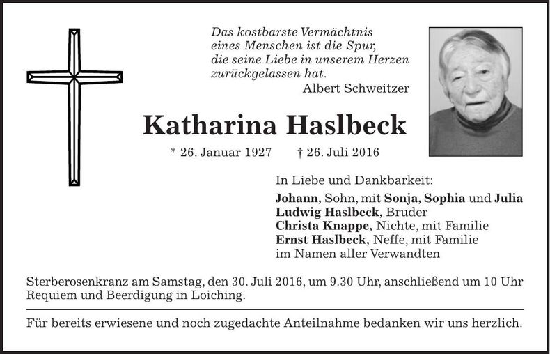 Traueranzeige Katharina Haslbeck