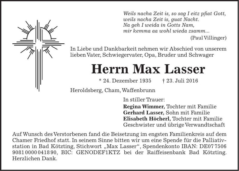 Traueranzeige Max Lasser