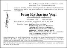 Traueranzeige Katharina Vogl