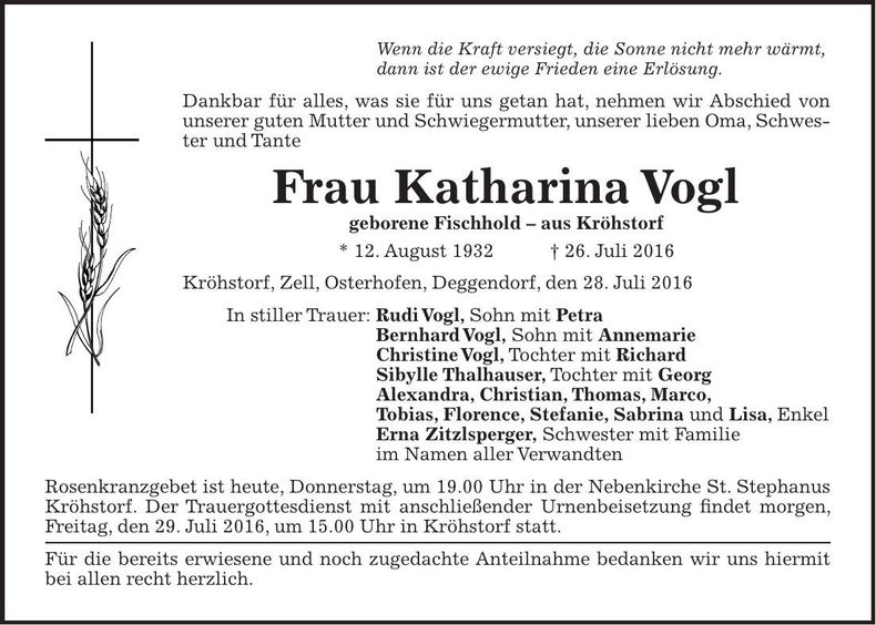 Traueranzeige Katharina Vogl