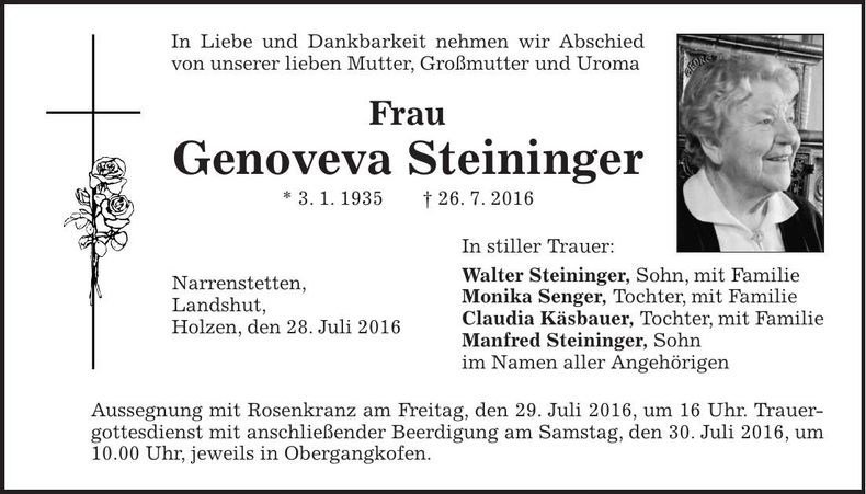 Traueranzeige Genoveva Steininger